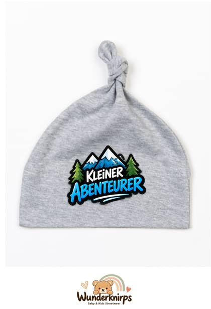 Knotenmütze Babybugz BZ15 in Grau meliert mit Motiv Kleiner Abenteurer