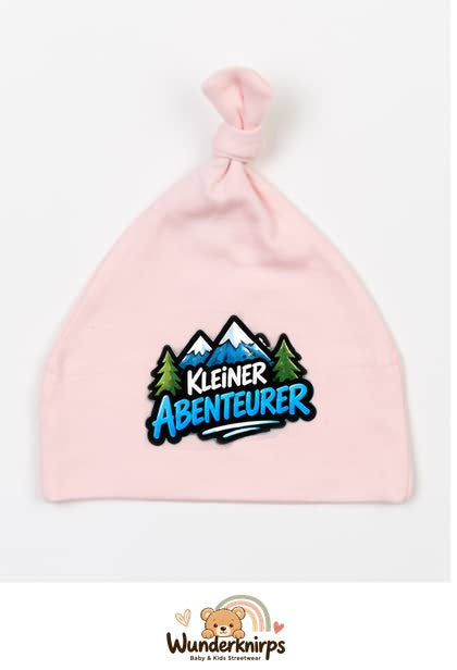Knotenmütze Babybugz BZ15 in Pastellrosa mit Motiv Kleiner Abenteurer