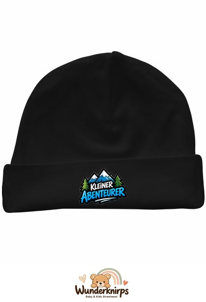 Umschlagmütze Rox-01 in Schwarz mit Motiv Kleiner Abenteurer