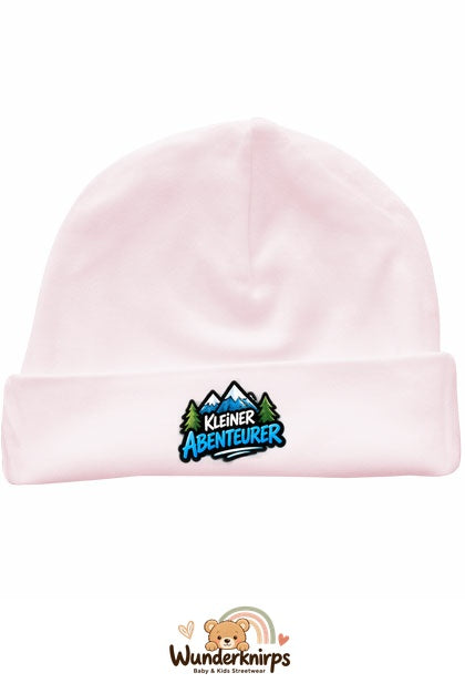 Umschlagmütze Rox-01 in Pastellrosa mit Motiv Kleiner Abenteurer