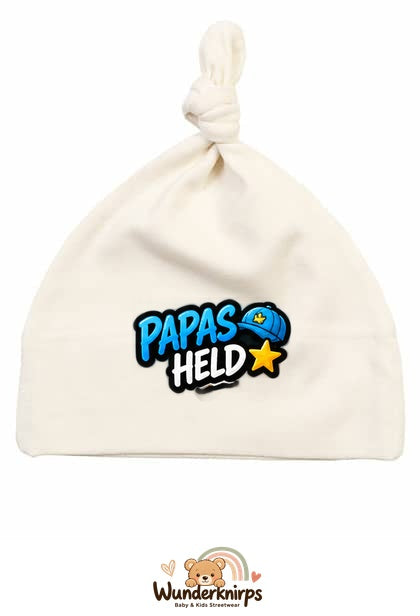 Knotenmütze Babybugz BZ15 in Natur mit Motiv Papas Held