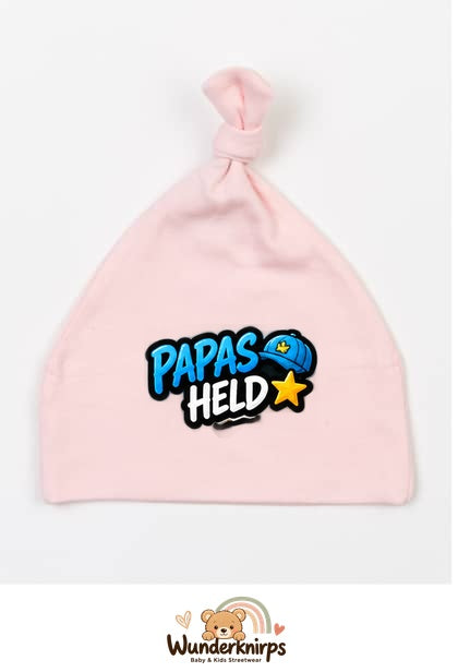 Knotenmütze Babybugz BZ15 in Pastellrosa mit Motiv Papas Held