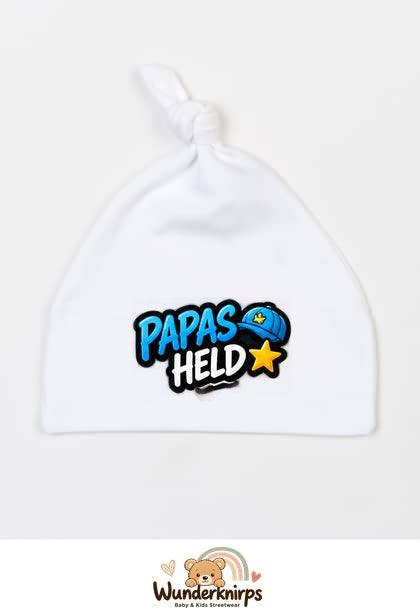 Knotenmütze Babybugz BZ15 in Weiß mit Motiv Papas Held