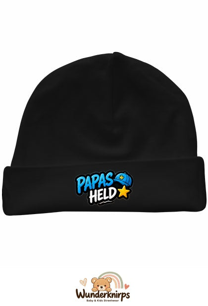 Umschlagmütze Rox-01 in Schwarz mit Motiv Papas Held