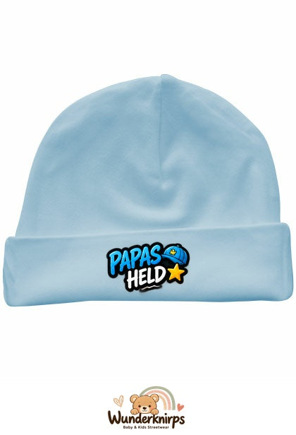 Umschlagmütze Rox-01 in Pastellblau mit Motiv Papas Held