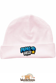 Umschlagmütze Rox-01 in Pastellrosa mit Motiv Papas Held