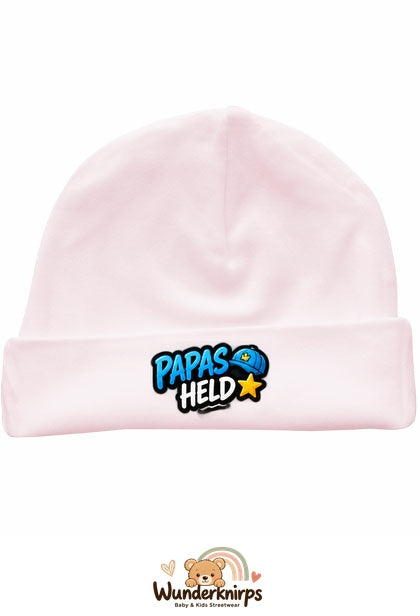 Umschlagmütze Rox-01 in Pastellrosa mit Motiv Papas Held