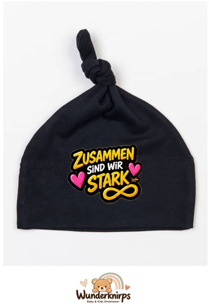 Knotenmütze Babybugz BZ15 in Schwarz mit Motiv Zusammen sind wir stark