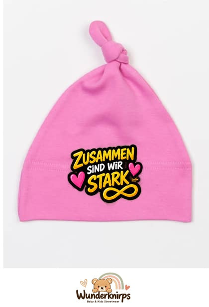 Knotenmütze Babybugz BZ15 in Bubblegum-Pink mit Motiv Zusammen sind wir stark