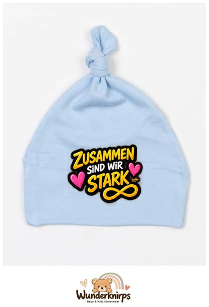 Knotenmütze Babybugz BZ15 in Staubblau mit Motiv Zusammen sind wir stark