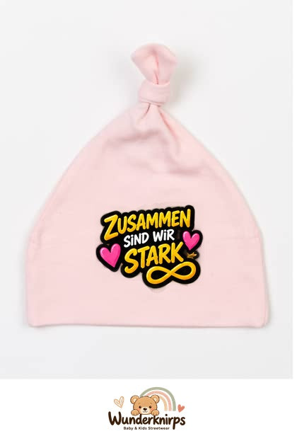 Knotenmütze Babybugz BZ15 in Pastellrosa mit Motiv Zusammen sind wir stark