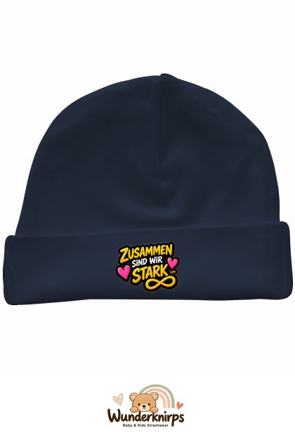 Umschlagmütze Rox-01 in Marineblau mit Motiv Zusammen sind wir stark