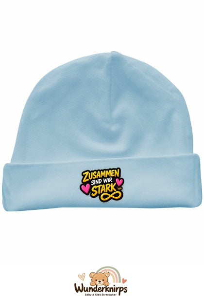 Umschlagmütze Rox-01 in Pastellblau mit Motiv Zusammen sind wir stark