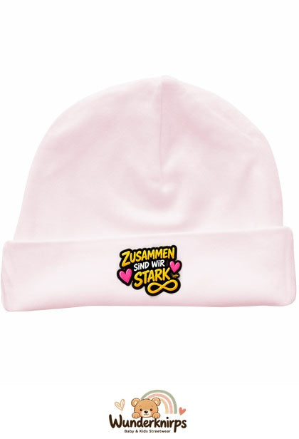 Umschlagmütze Rox-01 in Pastellrosa mit Motiv Zusammen sind wir stark