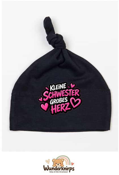 Knotenmütze Babybugz BZ15 in Schwarz mit Motiv Kleine Schwester, großes Herz