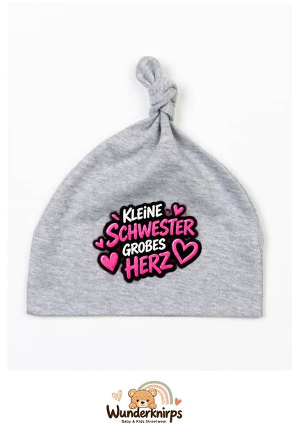 Knotenmütze Babybugz BZ15 in Grau meliert mit Motiv Kleine Schwester, großes Herz