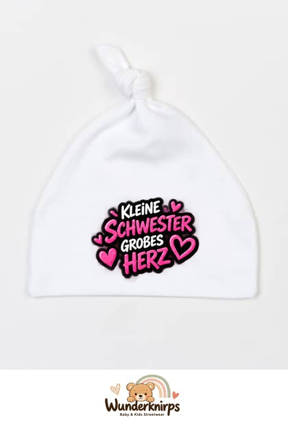 Knotenmütze Babybugz BZ15 in Weiß mit Motiv Kleine Schwester, großes Herz