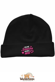 Umschlagmütze Rox-01 in Schwarz mit Motiv Kleine Schwester, großes Herz