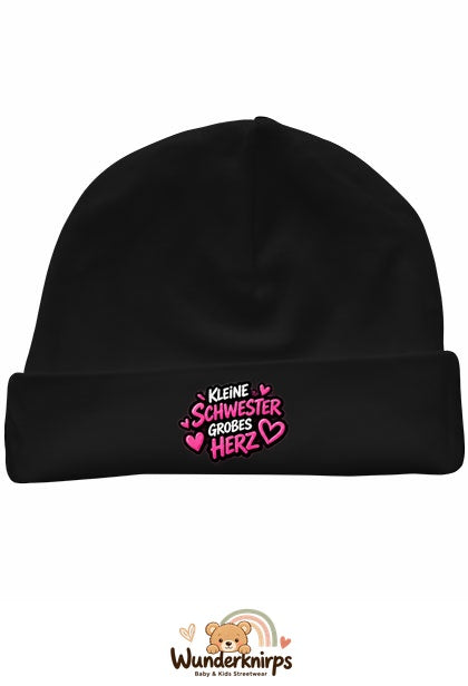 Umschlagmütze Rox-01 in Schwarz mit Motiv Kleine Schwester, großes Herz