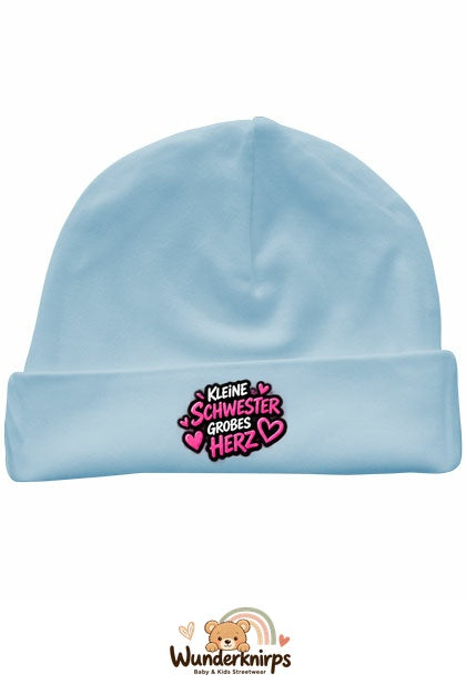 Umschlagmütze Rox-01 in Pastellblau mit Motiv Kleine Schwester, großes Herz