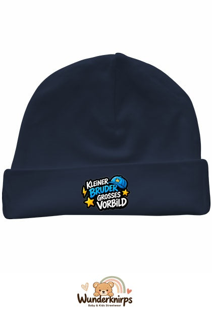 Umschlagmütze Rox-01 in Marineblau mit Motiv Kleiner Bruder, großes Vorbild
