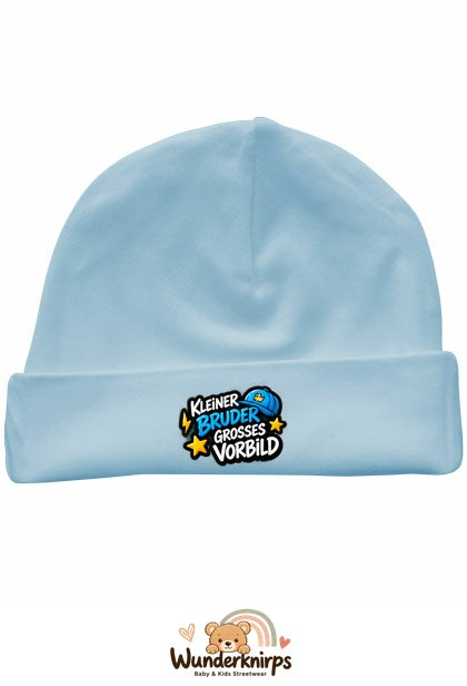 Umschlagmütze Rox-01 in Pastellblau mit Motiv Kleiner Bruder, großes Vorbild