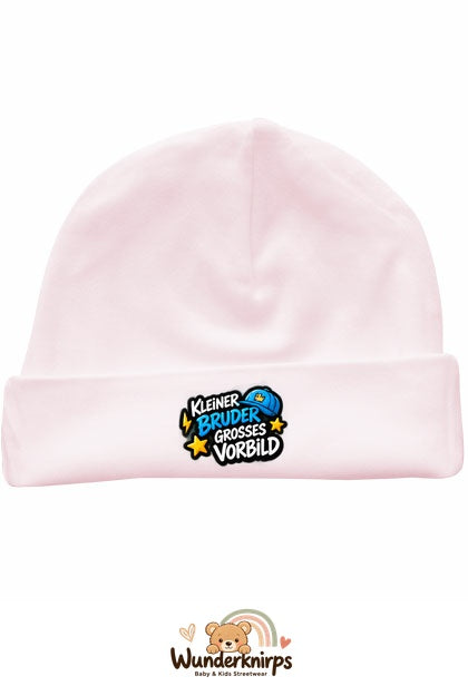 Umschlagmütze Rox-01 in Pastellrosa mit Motiv Kleiner Bruder, großes Vorbild