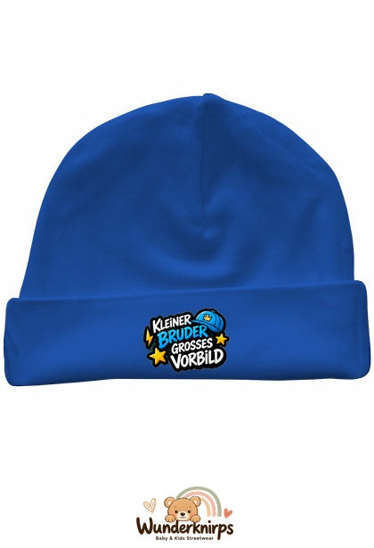 Umschlagmütze Rox-01 in Royalblau mit Motiv Kleiner Bruder, großes Vorbild