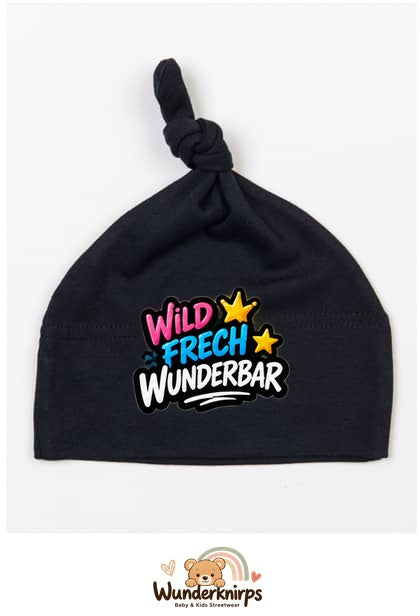 Knotenmütze Babybugz BZ15 in Schwarz mit Motiv Wild, frech, wunderbar