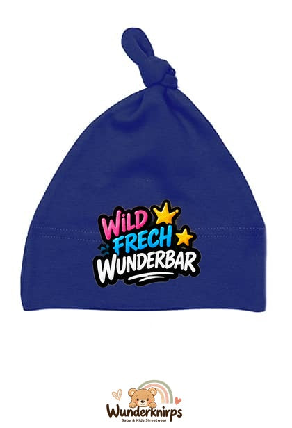 Knotenmütze Babybugz BZ15 in Marineblau mit Motiv Wild, frech, wunderbar