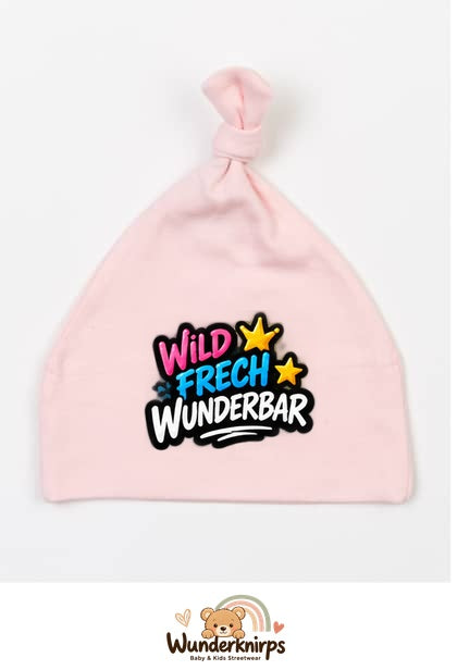 Knotenmütze Babybugz BZ15 in Pastellrosa mit Motiv Wild, frech, wunderbar