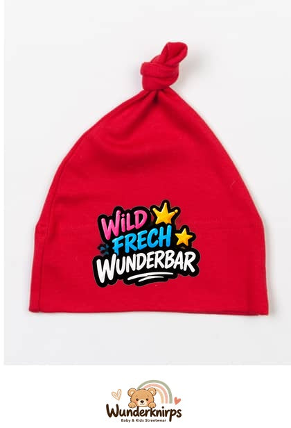 Knotenmütze Babybugz BZ15 in Rot mit Motiv Wild, frech, wunderbar