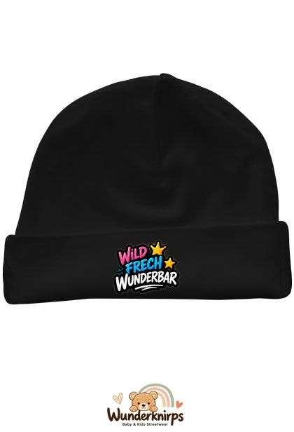 Umschlagmütze Rox-01 in Schwarz mit Motiv Wild, frech, wunderbar