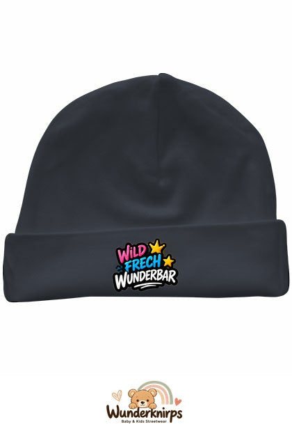 Umschlagmütze Rox-01 in Anthrazit mit Motiv Wild, frech, wunderbar