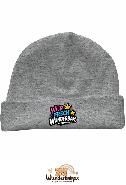 Umschlagmütze Rox-01 in Grau meliert mit Motiv Wild, frech, wunderbar
