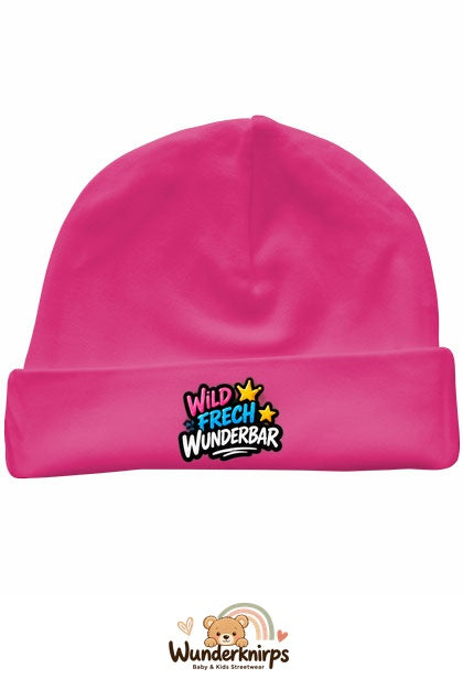 Umschlagmütze Rox-01 in Pink mit Motiv Wild, frech, wunderbar