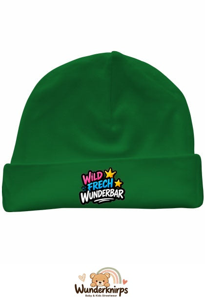 Umschlagmütze Rox-01 in Grün mit Motiv Wild, frech, wunderbar