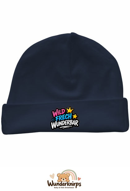 Umschlagmütze Rox-01 in Marineblau mit Motiv Wild, frech, wunderbar
