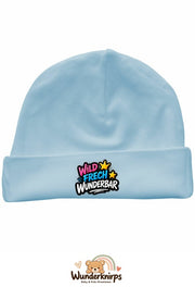 Umschlagmütze Rox-01 in Pastellblau mit Motiv Wild, frech, wunderbar