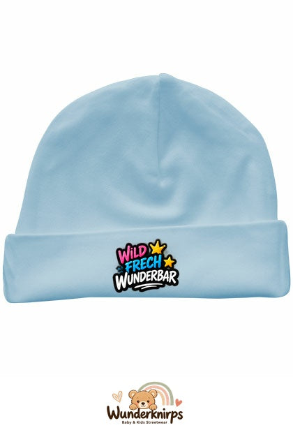 Umschlagmütze Rox-01 in Pastellblau mit Motiv Wild, frech, wunderbar