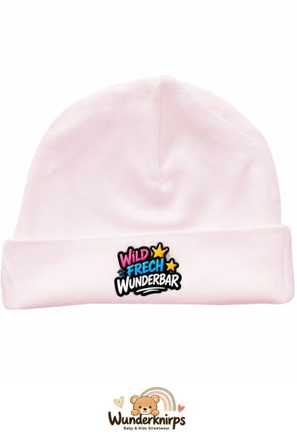 Umschlagmütze Rox-01 in Pastellrosa mit Motiv Wild, frech, wunderbar