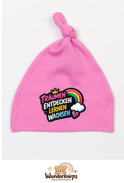 Knotenmütze Babybugz BZ15 in Bubblegum-Pink mit Motiv Träumen, entdecken, lernen, wachsen
