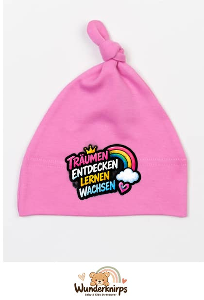 Knotenmütze Babybugz BZ15 in Bubblegum-Pink mit Motiv Träumen, entdecken, lernen, wachsen