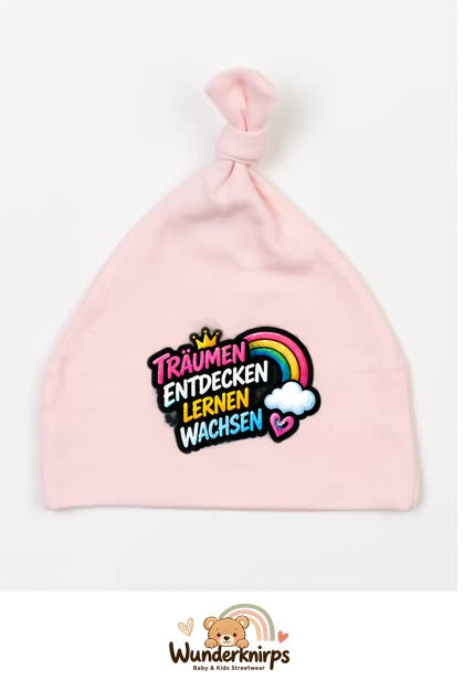 Knotenmütze Babybugz BZ15 in Pastellrosa mit Motiv Träumen, entdecken, lernen, wachsen