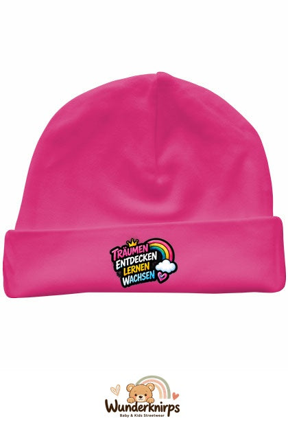 Umschlagmütze Rox-01 in Pink mit Motiv Träumen, entdecken, lernen, wachsen