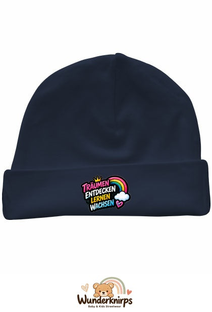 Umschlagmütze Rox-01 in Marineblau mit Motiv Träumen, entdecken, lernen, wachsen