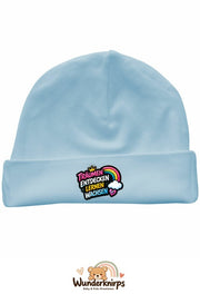 Umschlagmütze Rox-01 in Pastellblau mit Motiv Träumen, entdecken, lernen, wachsen
