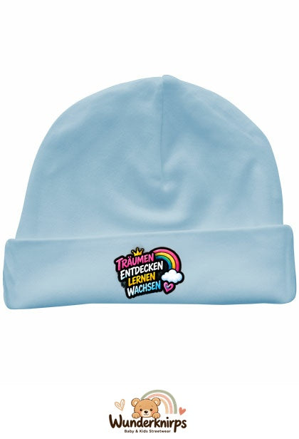 Umschlagmütze Rox-01 in Pastellblau mit Motiv Träumen, entdecken, lernen, wachsen