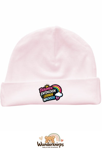 Umschlagmütze Rox-01 in Pastellrosa mit Motiv Träumen, entdecken, lernen, wachsen