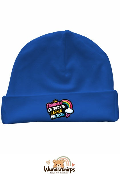 Umschlagmütze Rox-01 in Royalblau mit Motiv Träumen, entdecken, lernen, wachsen